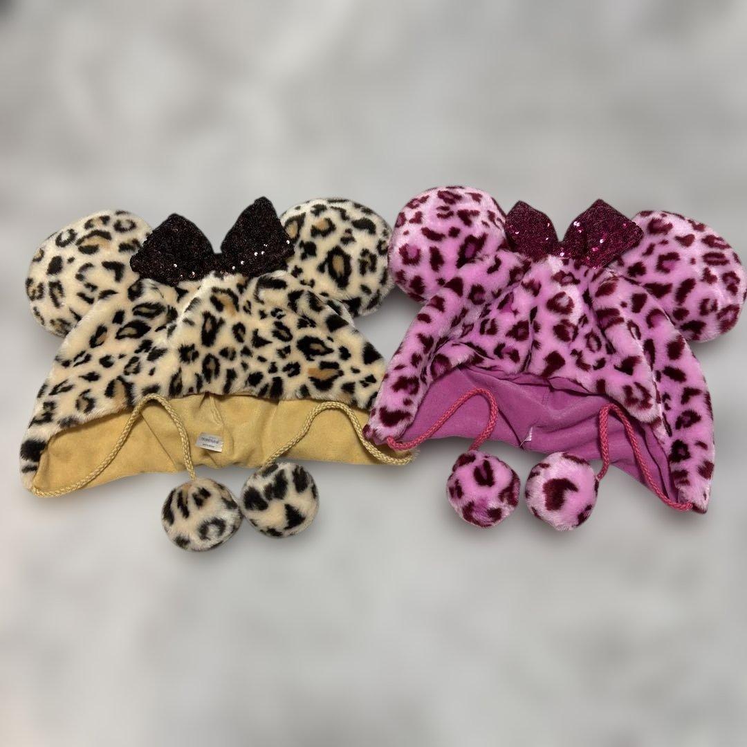 【ミッキー型ヒョウ柄】ファンキャップピンク系・ブラウン系　美品！