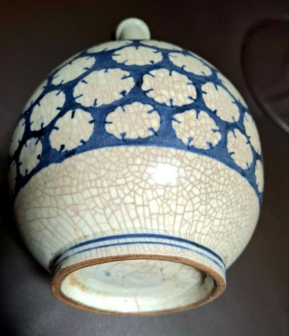 時代物 仙台藩御用窯　切込焼 染付花冠文大徳利　口部、首部補修あり