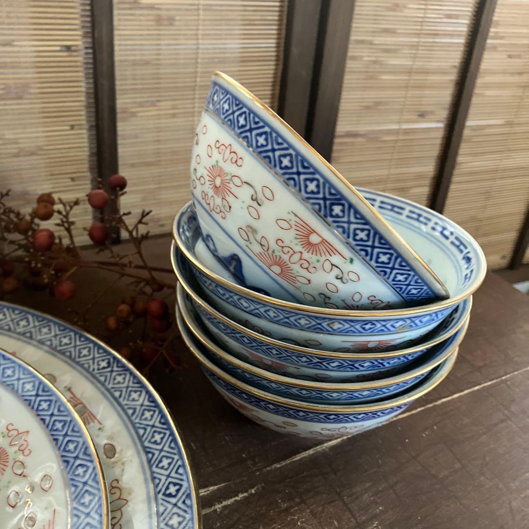 希少！【中国景徳鎮】蛍焼 大皿　小皿　ボウル　鉢　飯碗　金彩赤彩青花図