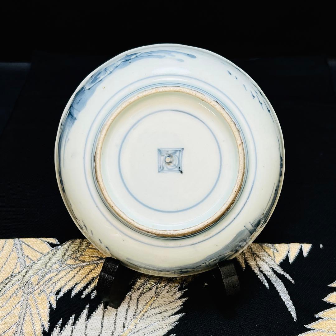希少 古伊万里　柿右衛門　藍柿　渦福　角福　染付山水桃絵　深皿　1枚　鑑賞皿骨董
