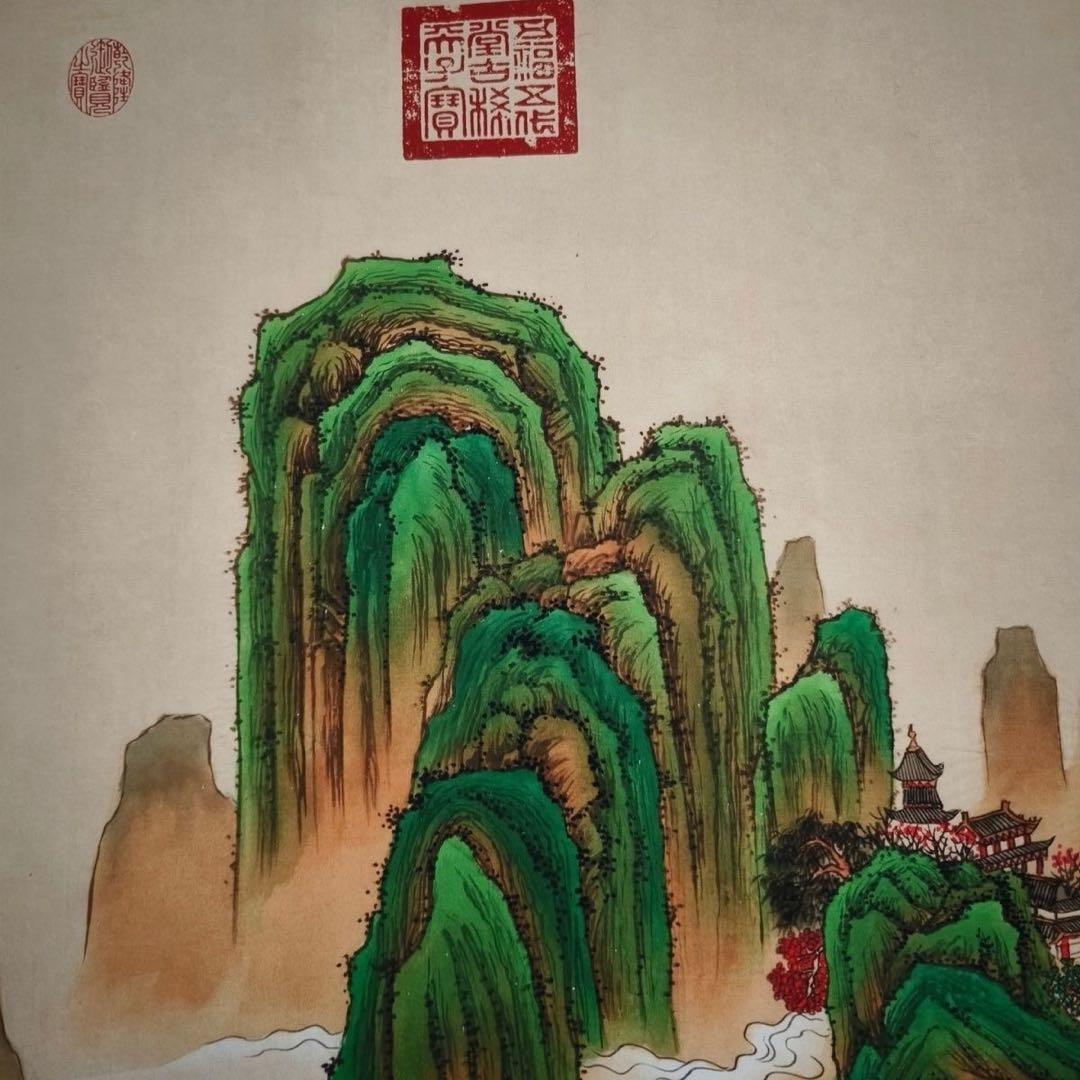 青緑山水図 掛軸 168×70cm