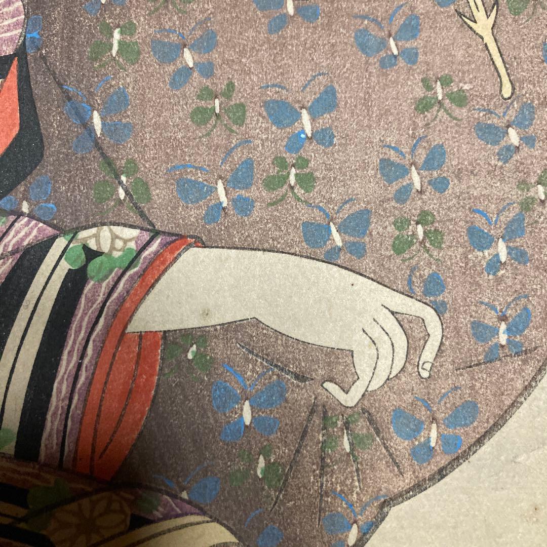 葛飾北斎門人　柳川重信　美人画木板　　　額44.5×41.5￼絵27×24cm