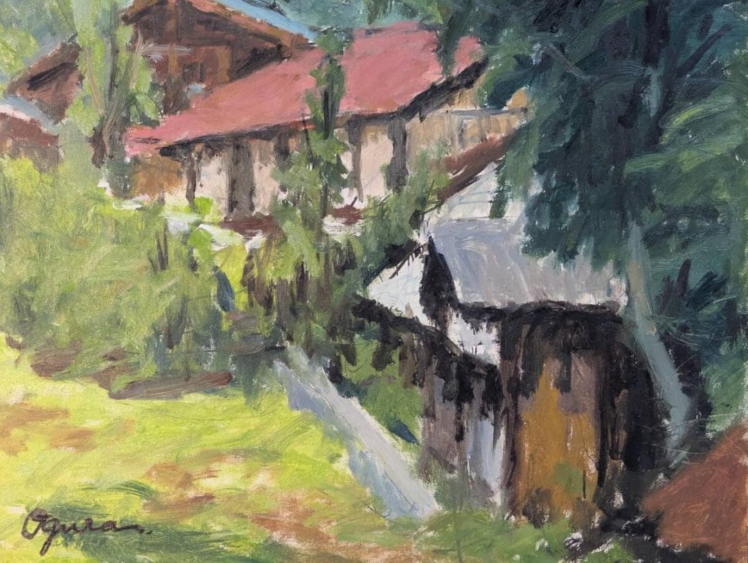【真作】絵画　油彩8号　山里の赤屋根　緑豊かな風景　自然と暮らしの風景　Z44
