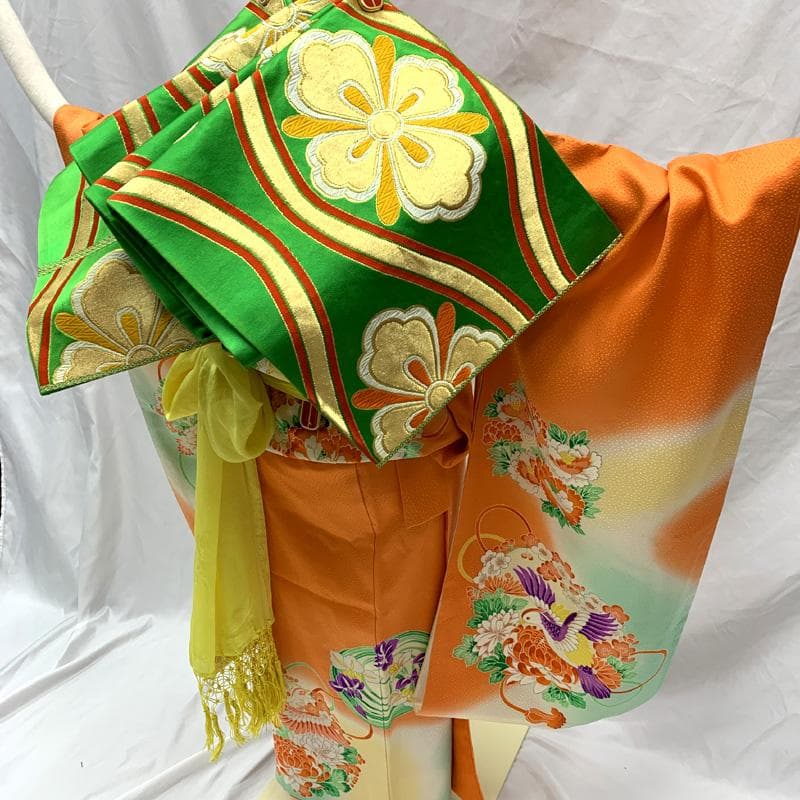 509ag25□七五三 七歳 女児 着物&袋帯 金彩 花に組紐 鳳凰□美品