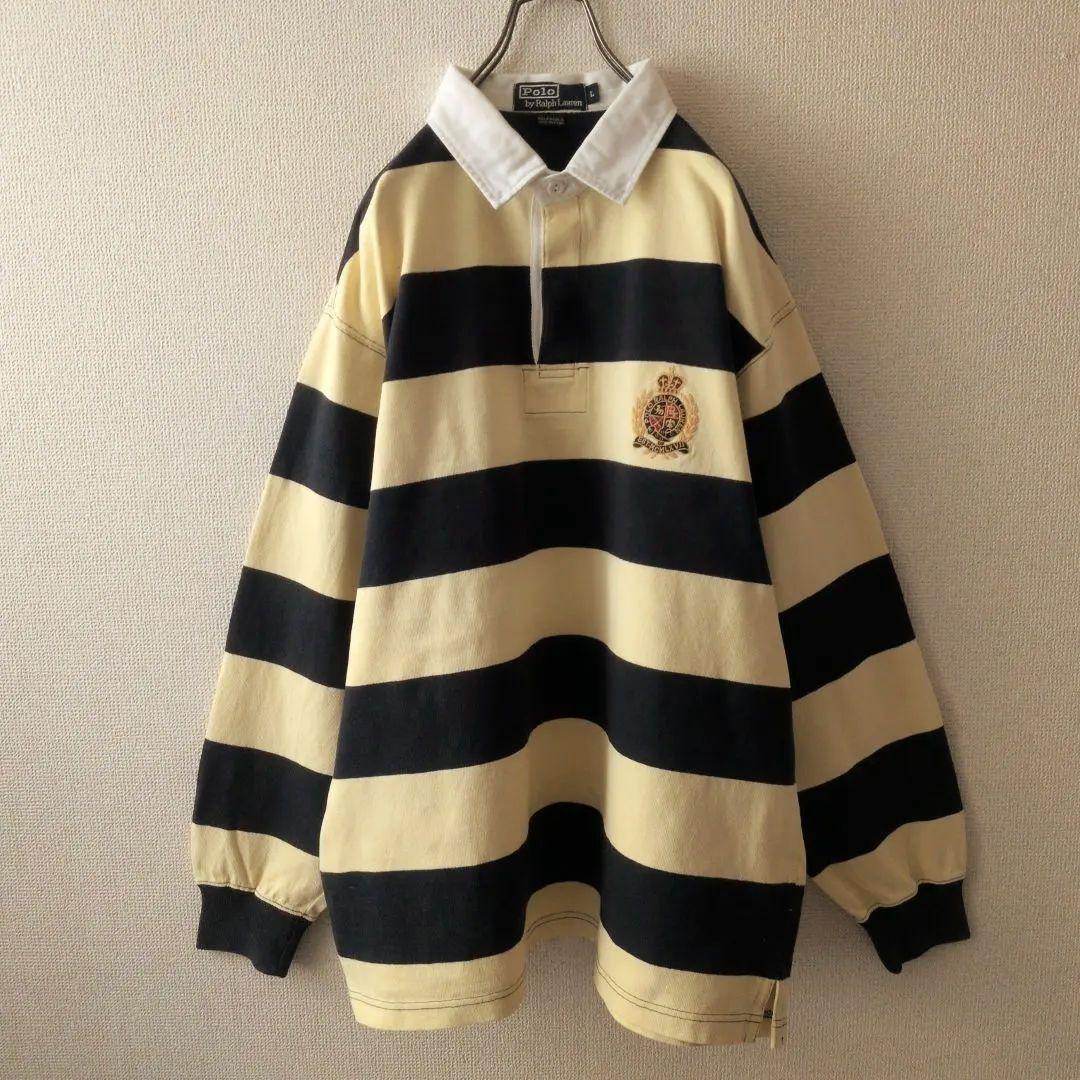 好配色☆90s ポロバイラルフローレン 太ボーダー 刺繍ロゴ ラガーシャツ L