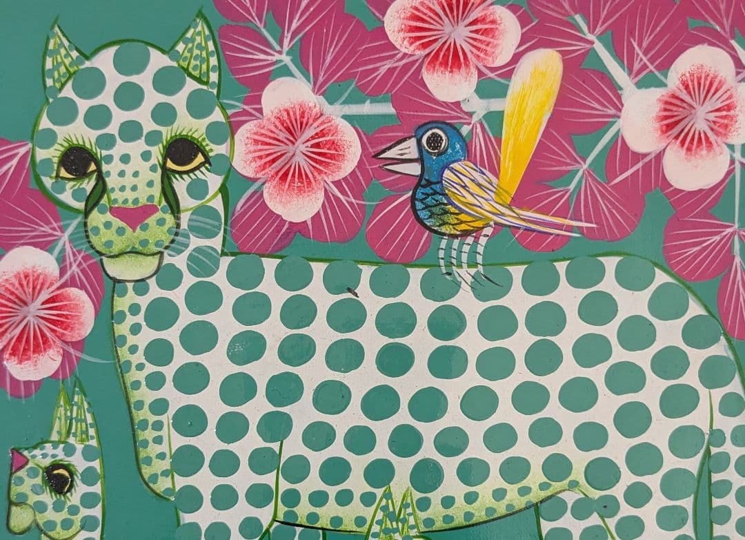 ●アフリカの絵画、ティンガティンガ、チーター、グリーン、20×20