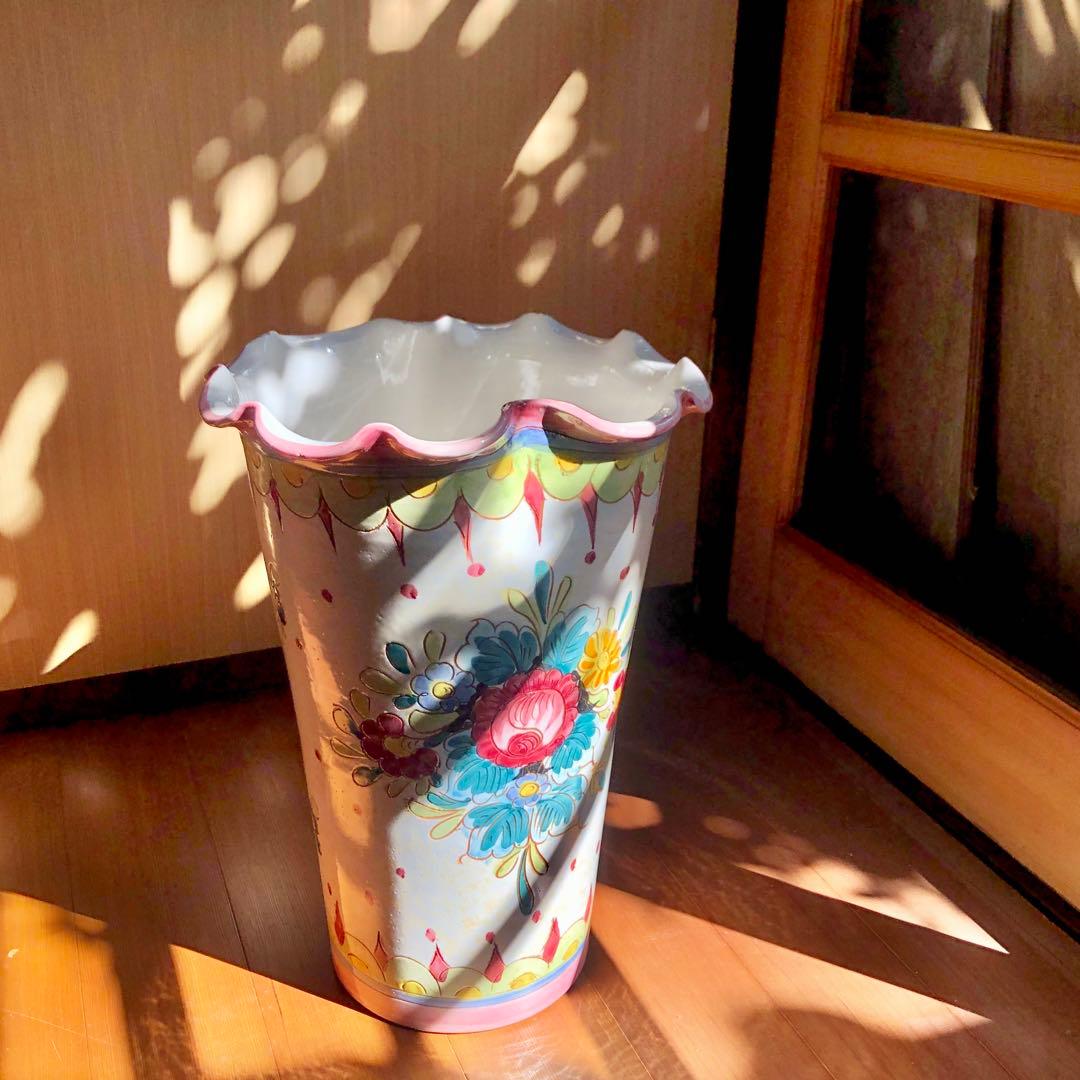 イタリア製高さ42㎝手書き花柄陶器製フリル陶器花瓶傘立てピンク系アンティーク
