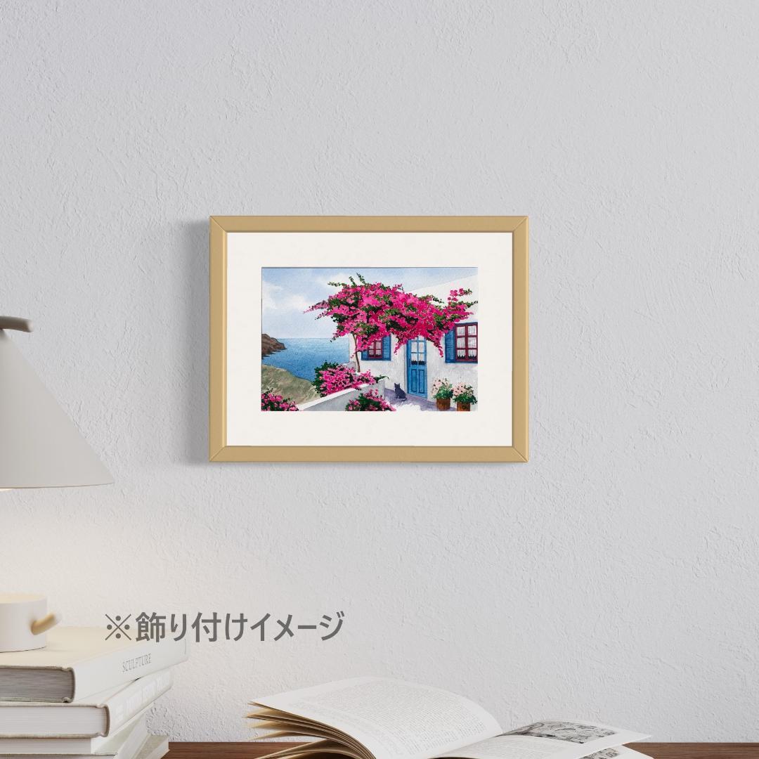 透明水彩画　原画　「エーゲ海とブーゲンビリア05」額縁付　SMサイズ