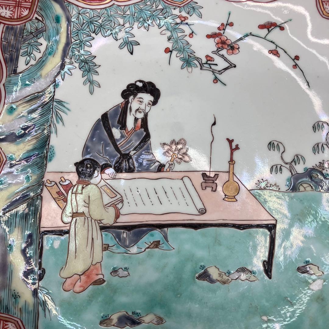 【希少】江戸後期？ 古伊万里 色絵 唐人図 大皿 径約32cm 輪花皿 骨董品
