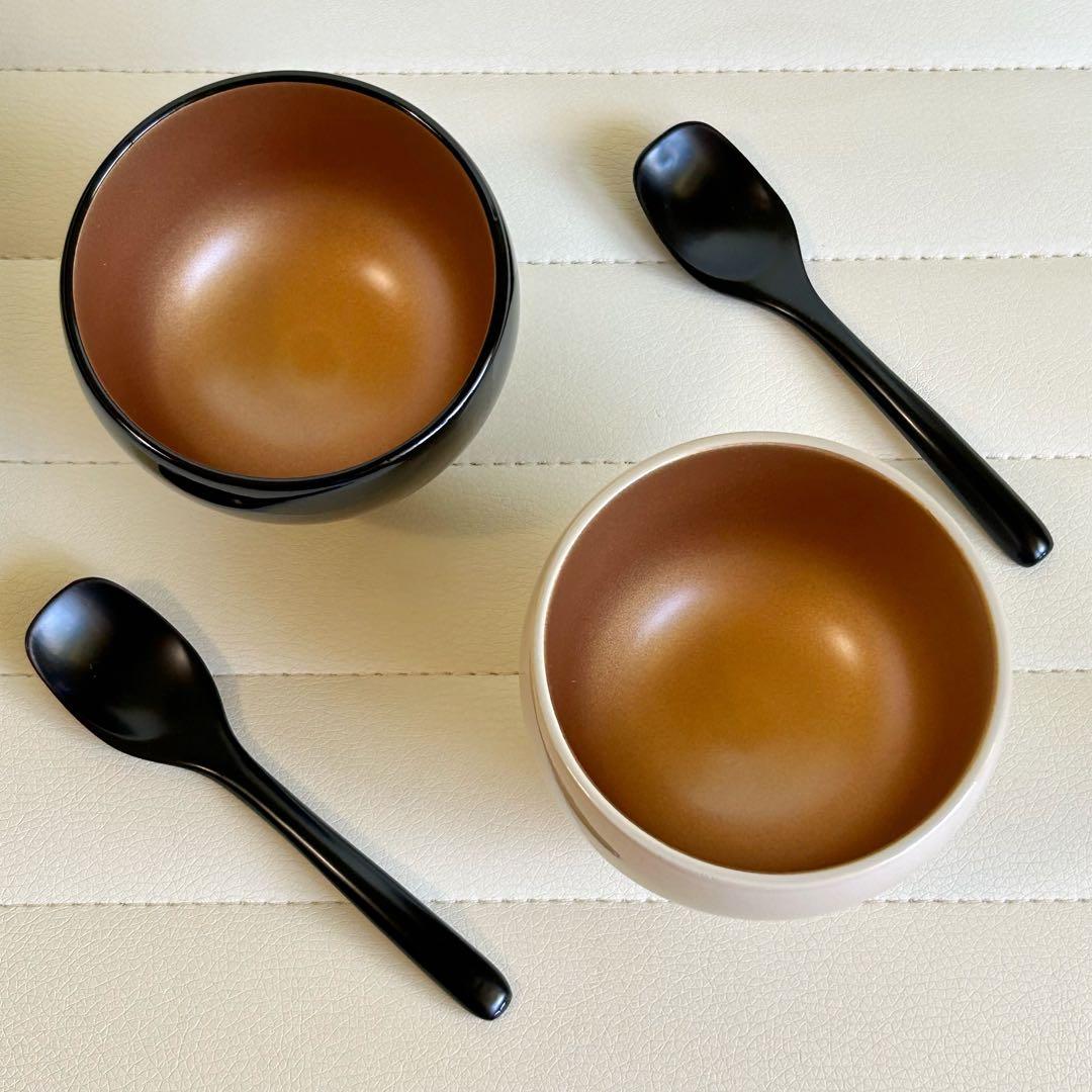 会津塗　内金　黒白　デザートカップ　漆器　お椀　ボウル　金彩　天然木　スプーン