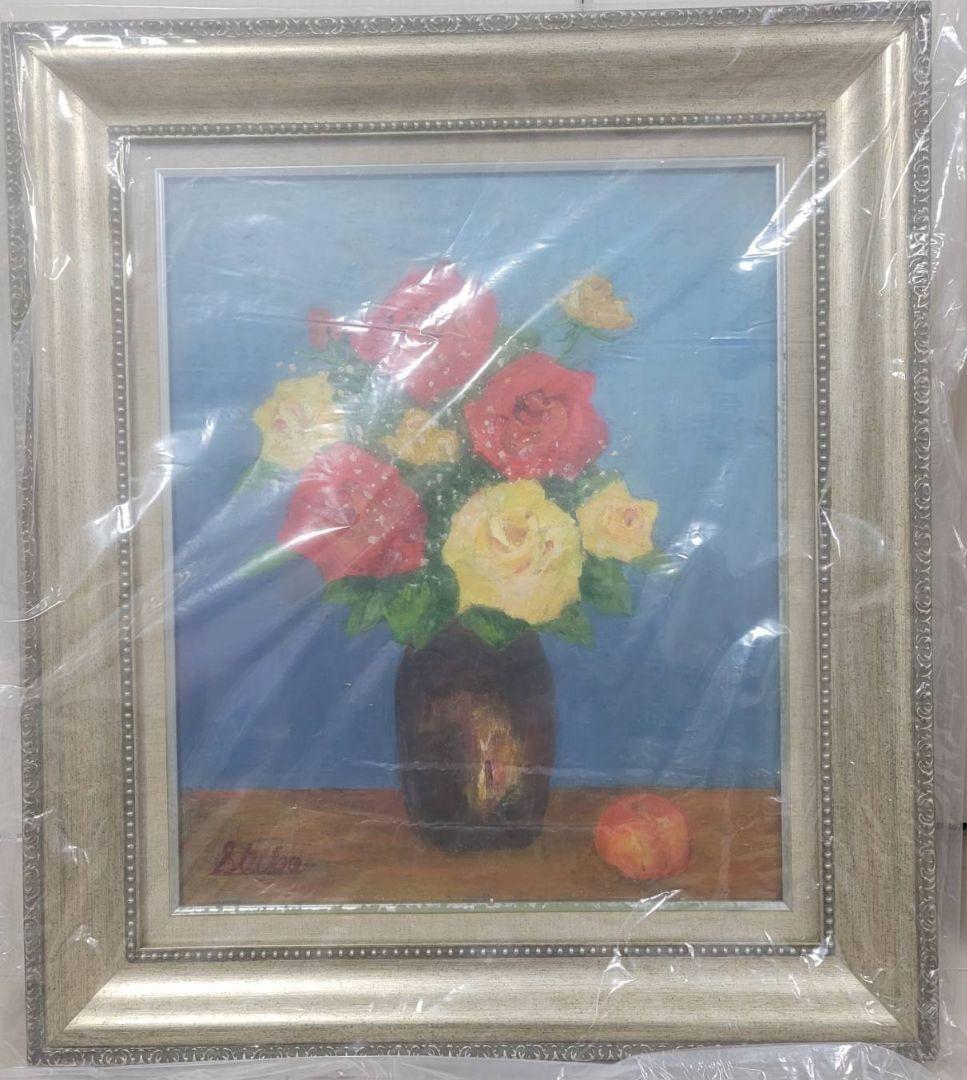 油絵 絵画 花 手描 額装 一点物 生前整理 インテリア 大型 約62×54cm