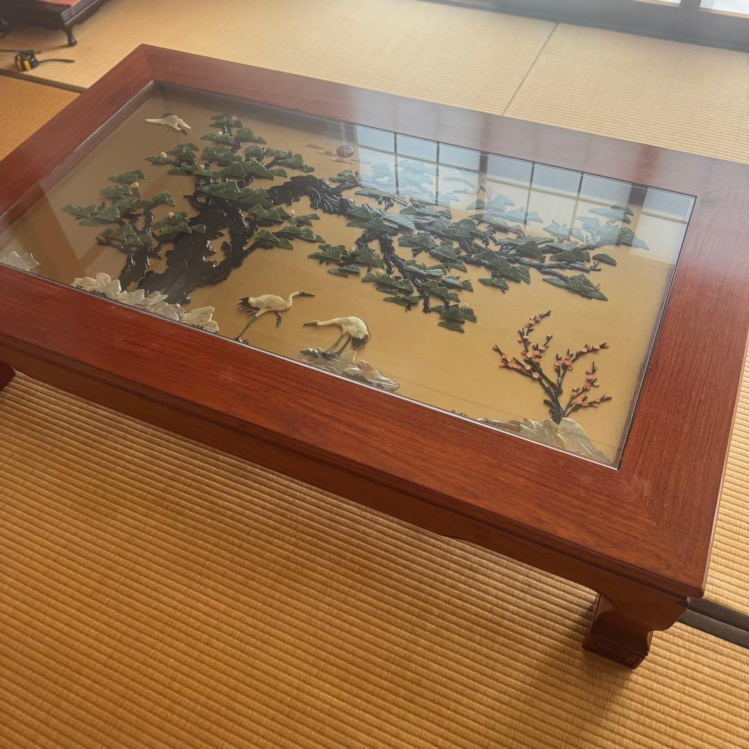 【希少品】骨董 アンティーク 松鶴ガラストップ座卓
