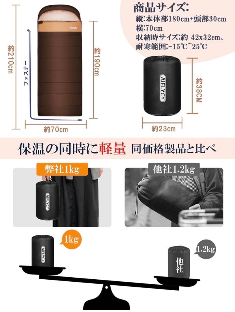 寝袋 2個セット シュラフ 撥水 防水 アウトドア キャンプ 防災 ブラウン
