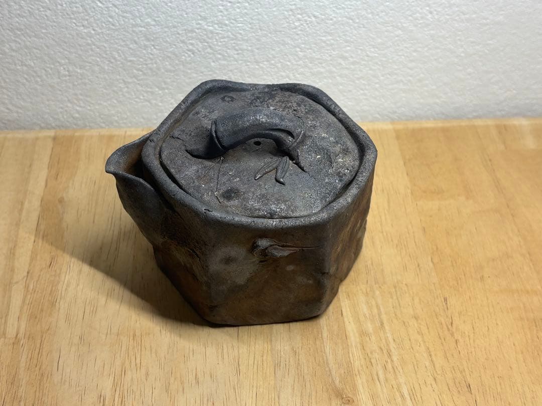 123. 備前焼 宝瓶 登り窯 竹 6角 手びねり 急須