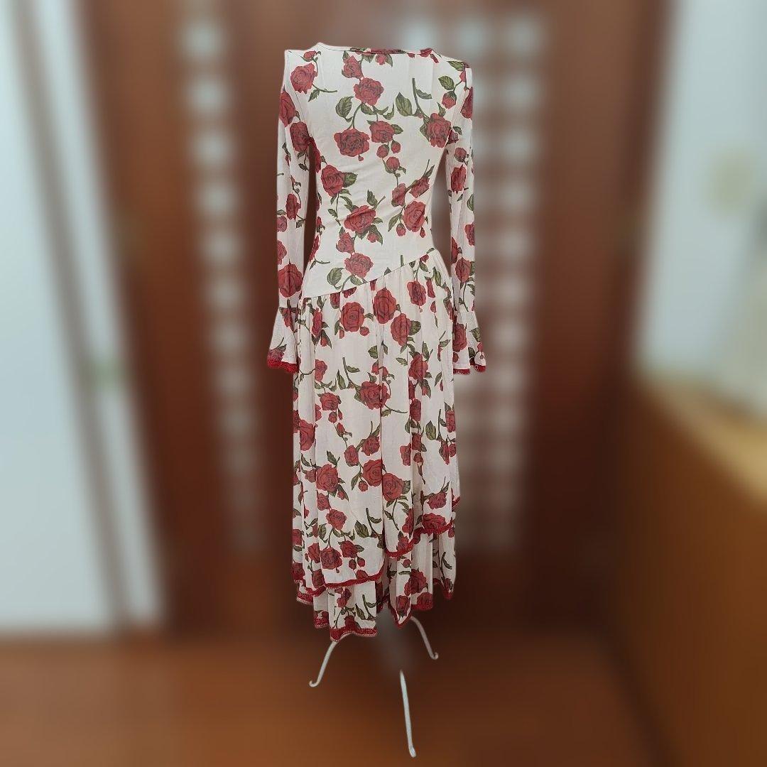 赤いバラプリント フラメンコワンピース