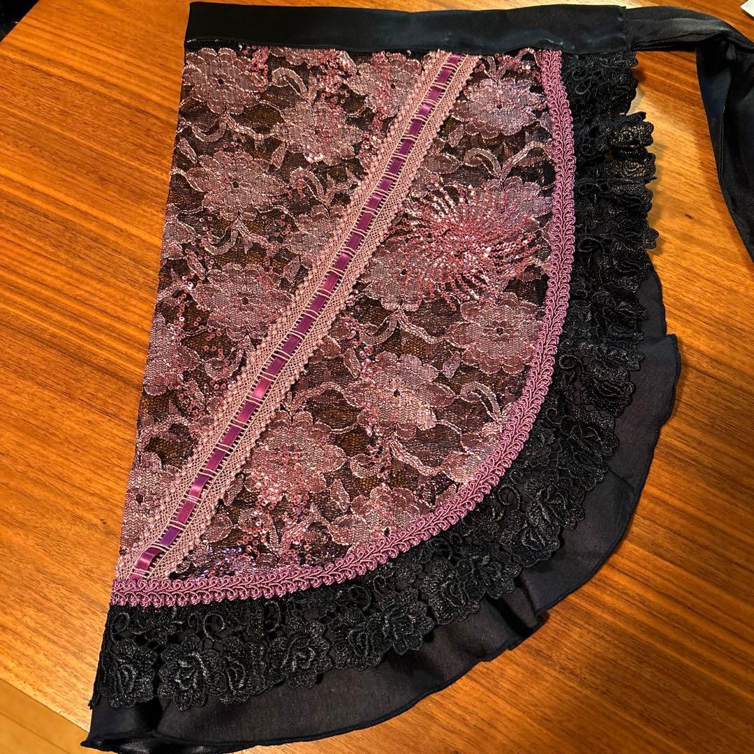 フラメンコ 衣装 エプロン シージョ ピンク×黒 花柄刺繍 スパンコール