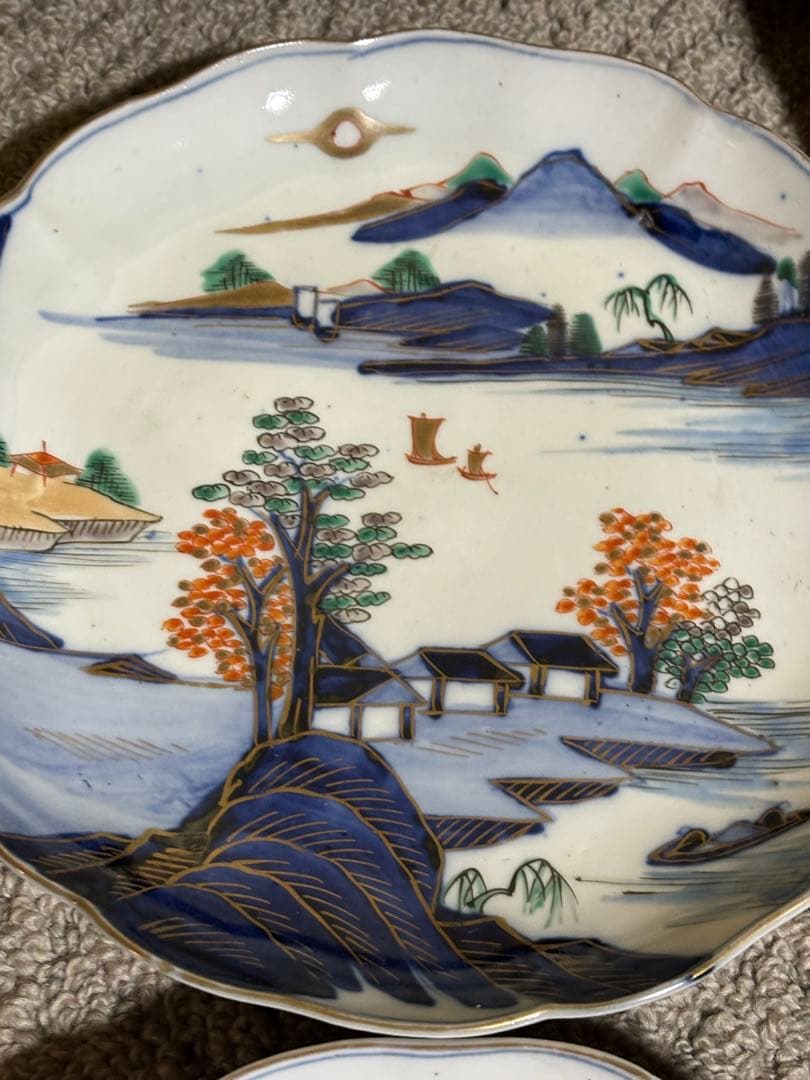 古伊万里 染付 金彩 色絵 金欄手山水図 輪花 24cm 中皿 江戸後期