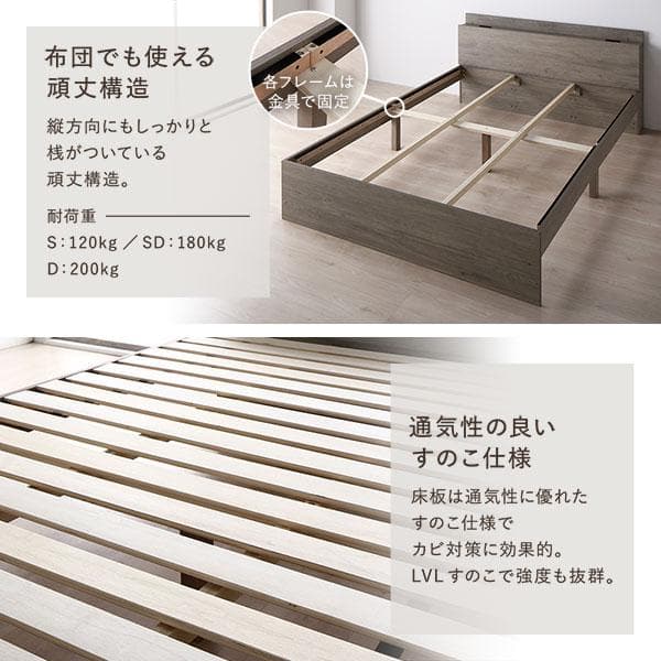 ベッド シングル ベッドフレームのみ グレージュ 高さ調整可 宮付 すのこ