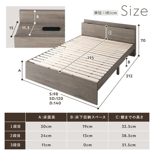 ベッド シングル ベッドフレームのみ グレージュ 高さ調整可 宮付 すのこ