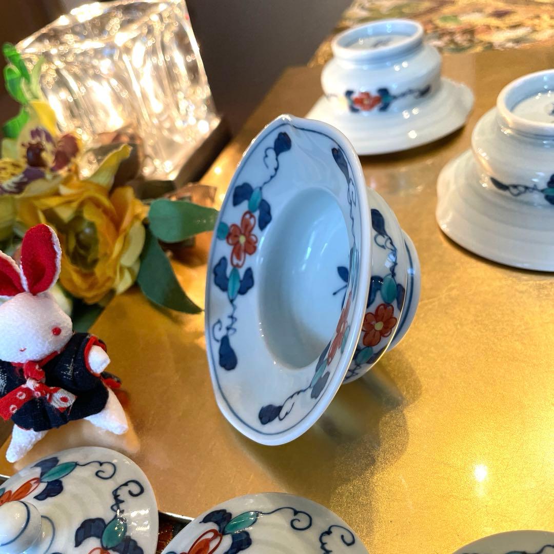 レトロ　新品　有田焼　華山窯萬右衛門　赤絵　染付花紋　手描き　蓋付き小鉢　五客