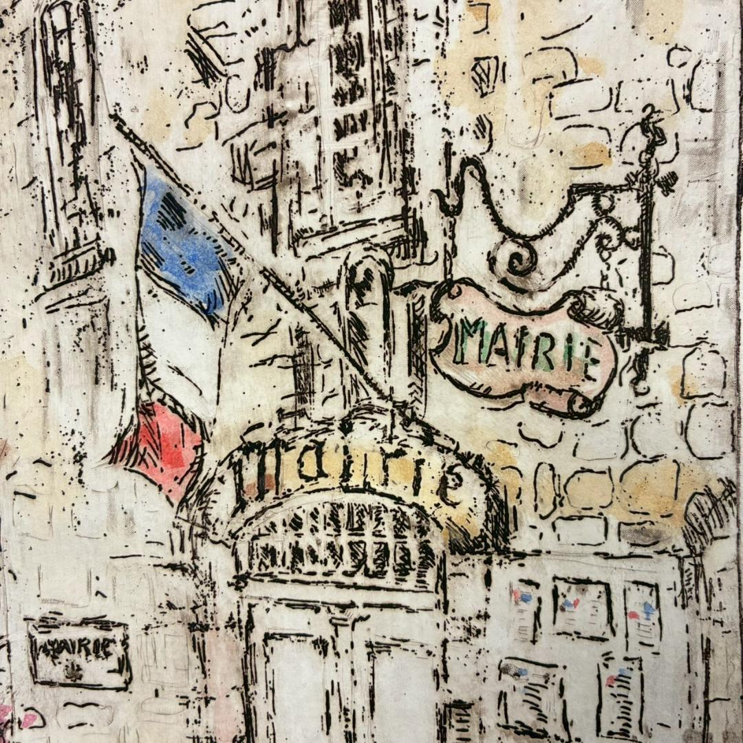 美品 ジョアン・アイザック「フランスモンパジエ町役場」エッチング+手彩 サイン有