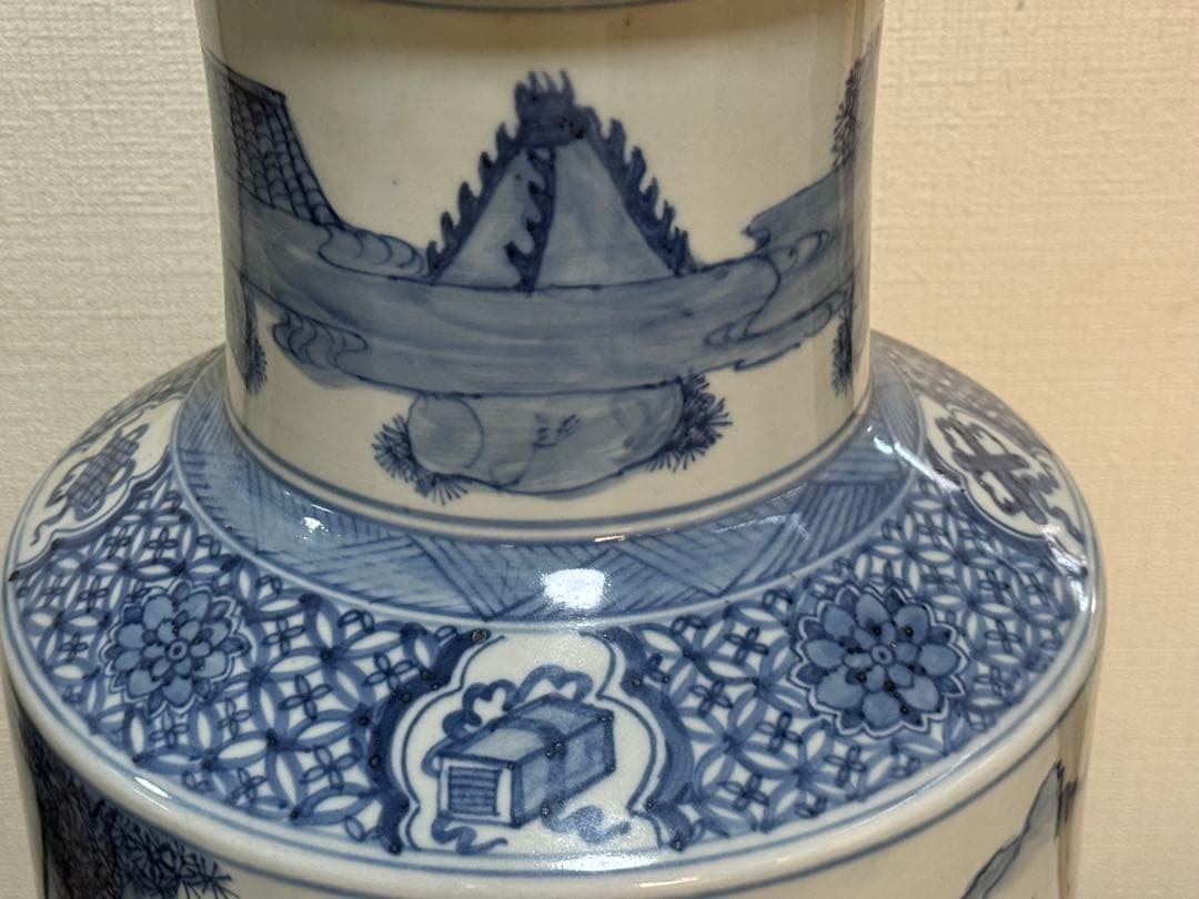 中国　染付　三国志人物図大瓶　大明万暦年製銘　高さ約54.4cm 260408