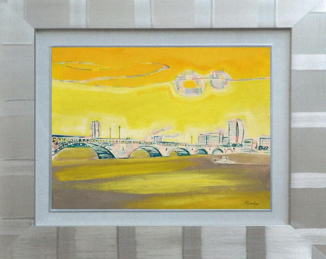 油絵 菅家令子絵画インテリア額付(青緑＋金色の枠)F4-090214風景橋夕朝陽