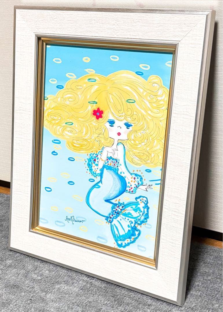 【F4号】手描き油彩画　水森亜土　額縁　新品額　サイン　人気作品　　　人魚　絵画
