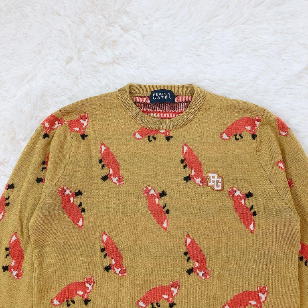 PEARLYGATES ゴルフニットセーター キツネ柄　刺繍　毛　マスタード　L
