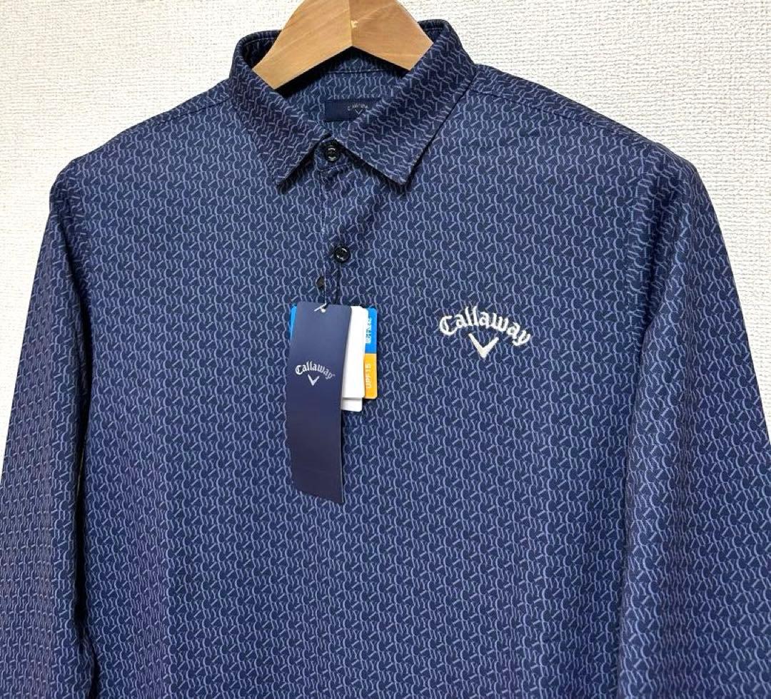 新品タグ付 Callaway キャロウェイ ポロシャツ 長袖M ネイビー 総柄