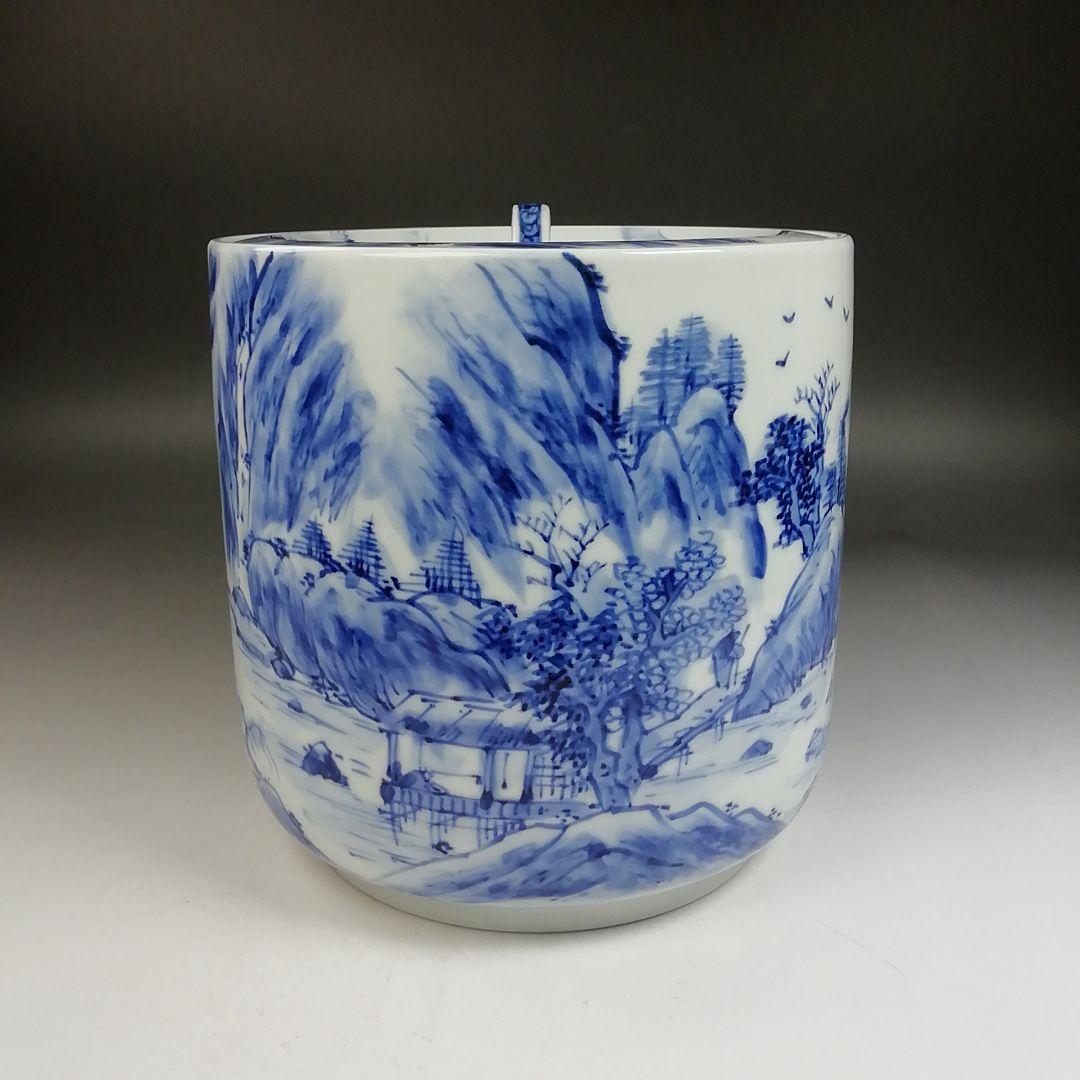 Ｗ３０７　水指　『染付　山水図』『高野昭阿弥 造』　共箱　茶道具