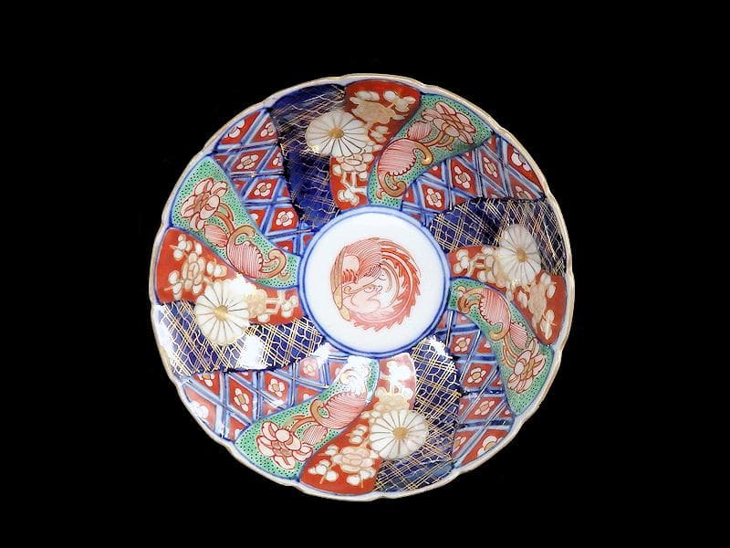 大聖寺伊万里　金襴手　奇玉宝鼎之珍　捻り菊皿　小膾皿４客　C856 AS-CEq