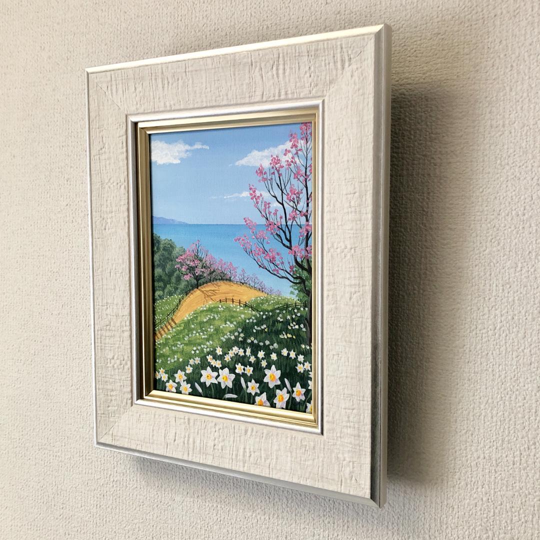 アクリル画　原画　「スイセンの咲く丘01」額縁付　SMサイズ　キャンバス