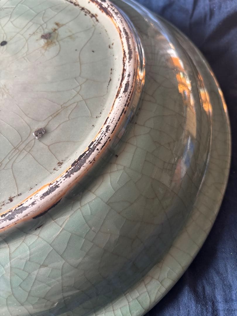 中国古美術品　明の時代　特大魚文龍泉大皿　天龍寺窯　37cm