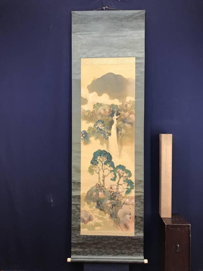真作/一葉/青緑滝山水図/山水図/掛軸/名家伝来/AE-167