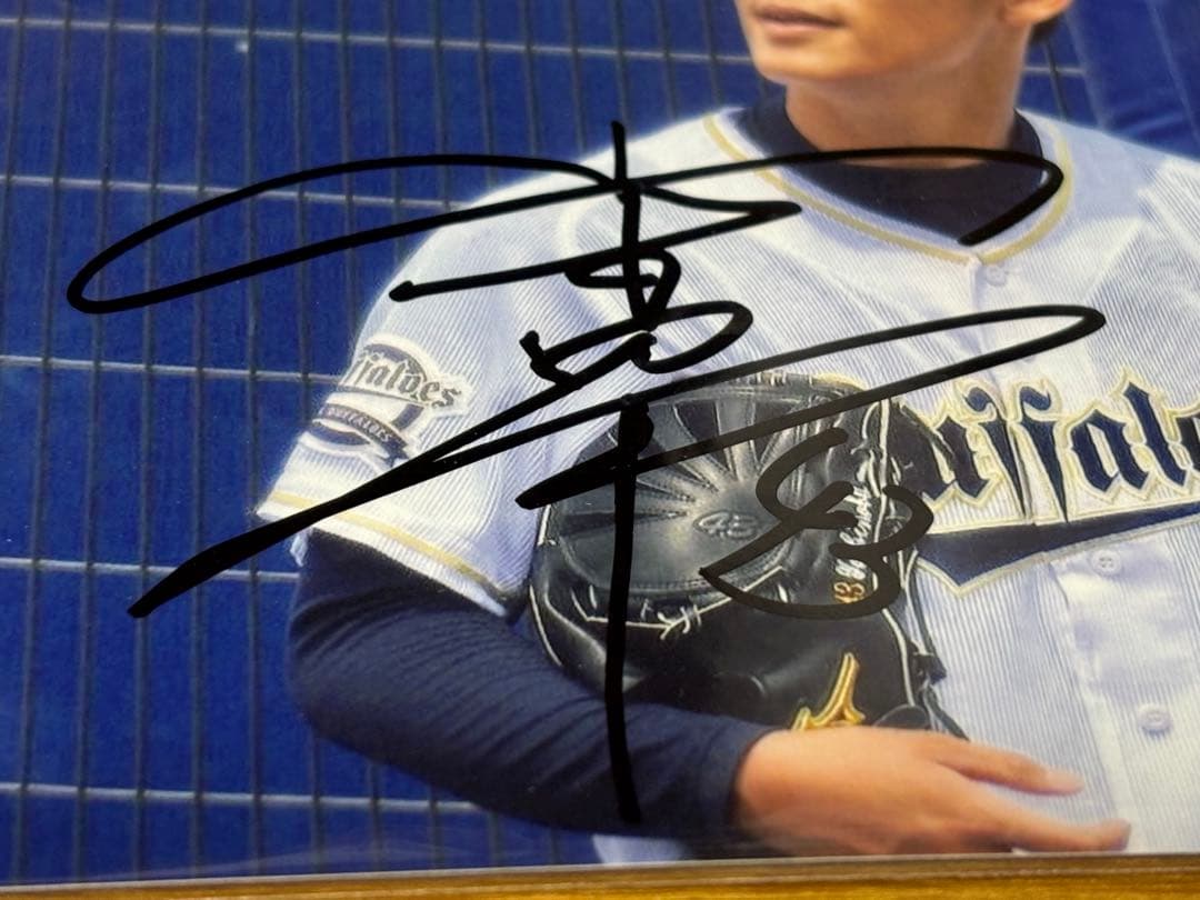 山本由伸投手　直筆サイン入　Ｌ版生写真　オリックス背番号43時代　新品額入