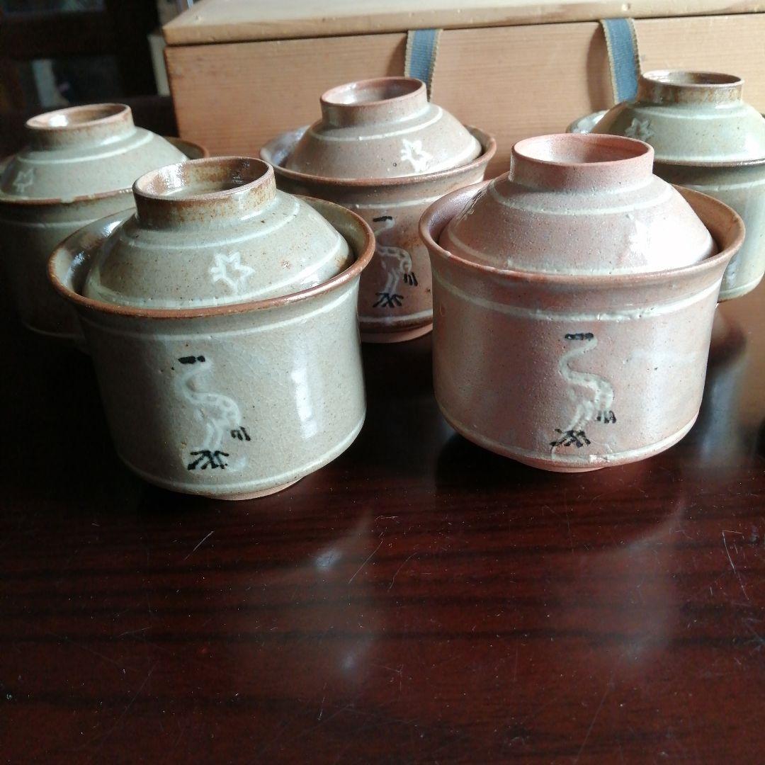 東雲焼　横井米禽　不俊斎好立鶴小蓋茶碗　6客　大正期