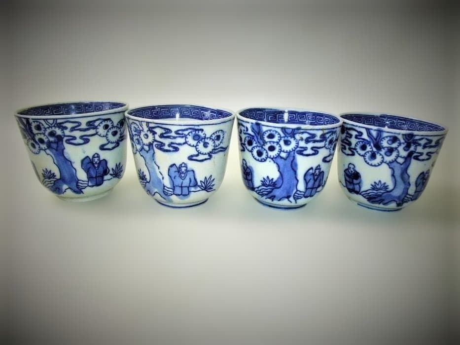 伊万里 明治期 印判 染付 蕎麦猪口 7客 骨董品(江戸後期～明治期)