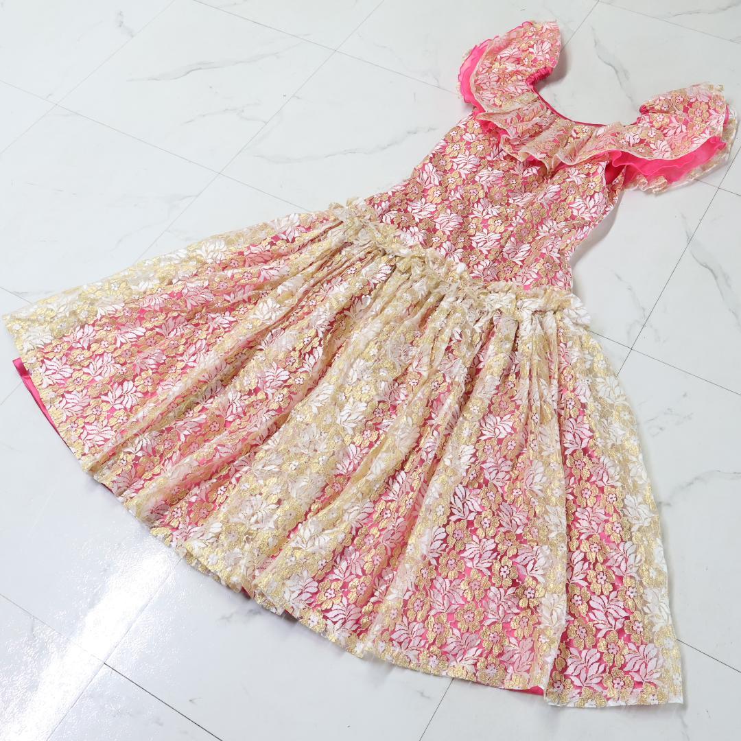 【美品 フラダンス用衣装】ゴールド×ホワイト×ピンク ワンピースドレス ハワイ