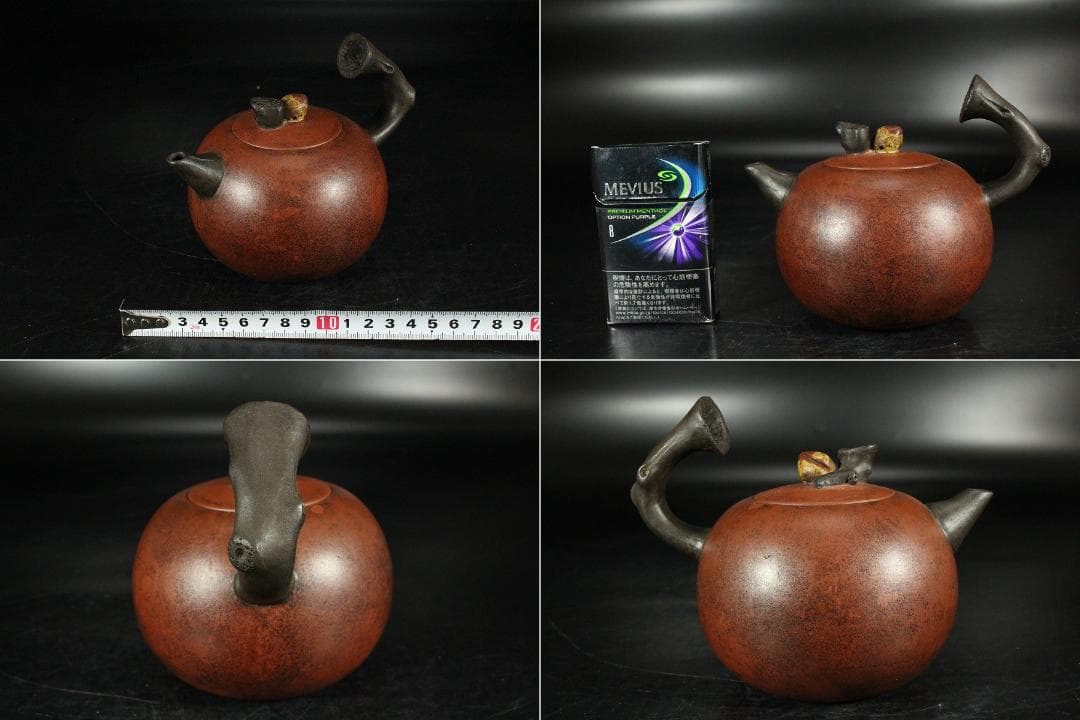 中国美術 朱泥 丸形 枝手 茶器 急須 在銘(K-YC689)
