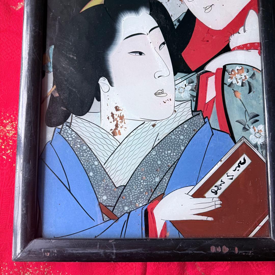 2236様感謝‼️春の大正浪漫‼️彩絵硝子「眠り猫と美人」の図　オリジナル木製枠