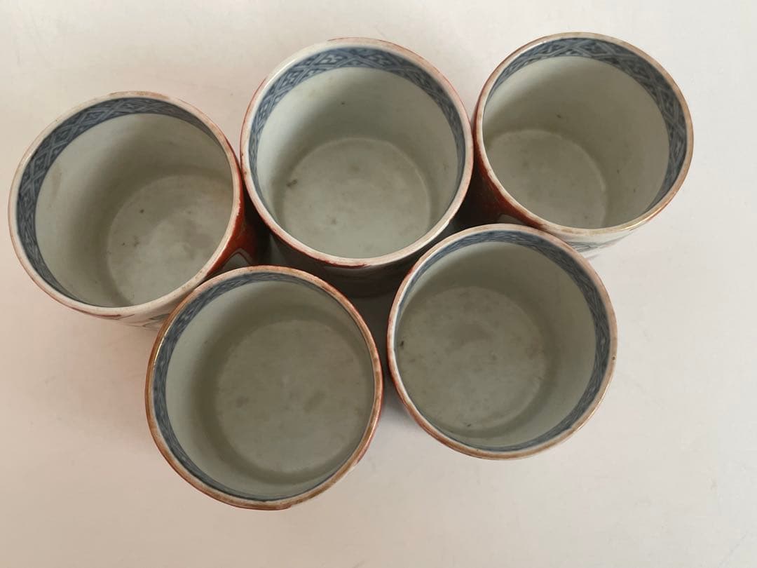 骨董　アンティーク　古伊万里　色絵　覗き猪口　　5客　筒杯　共箱
