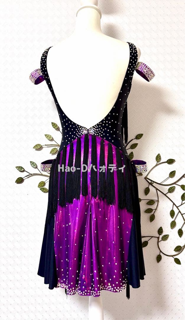 新品★ラテンドレス★M〜ML★社交ダンス★メタリックパープル★フリンジ★競技会★