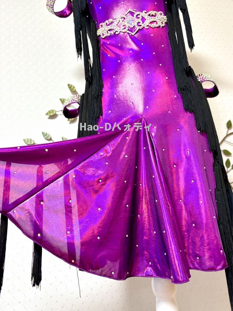 新品★ラテンドレス★M〜ML★社交ダンス★メタリックパープル★フリンジ★競技会★