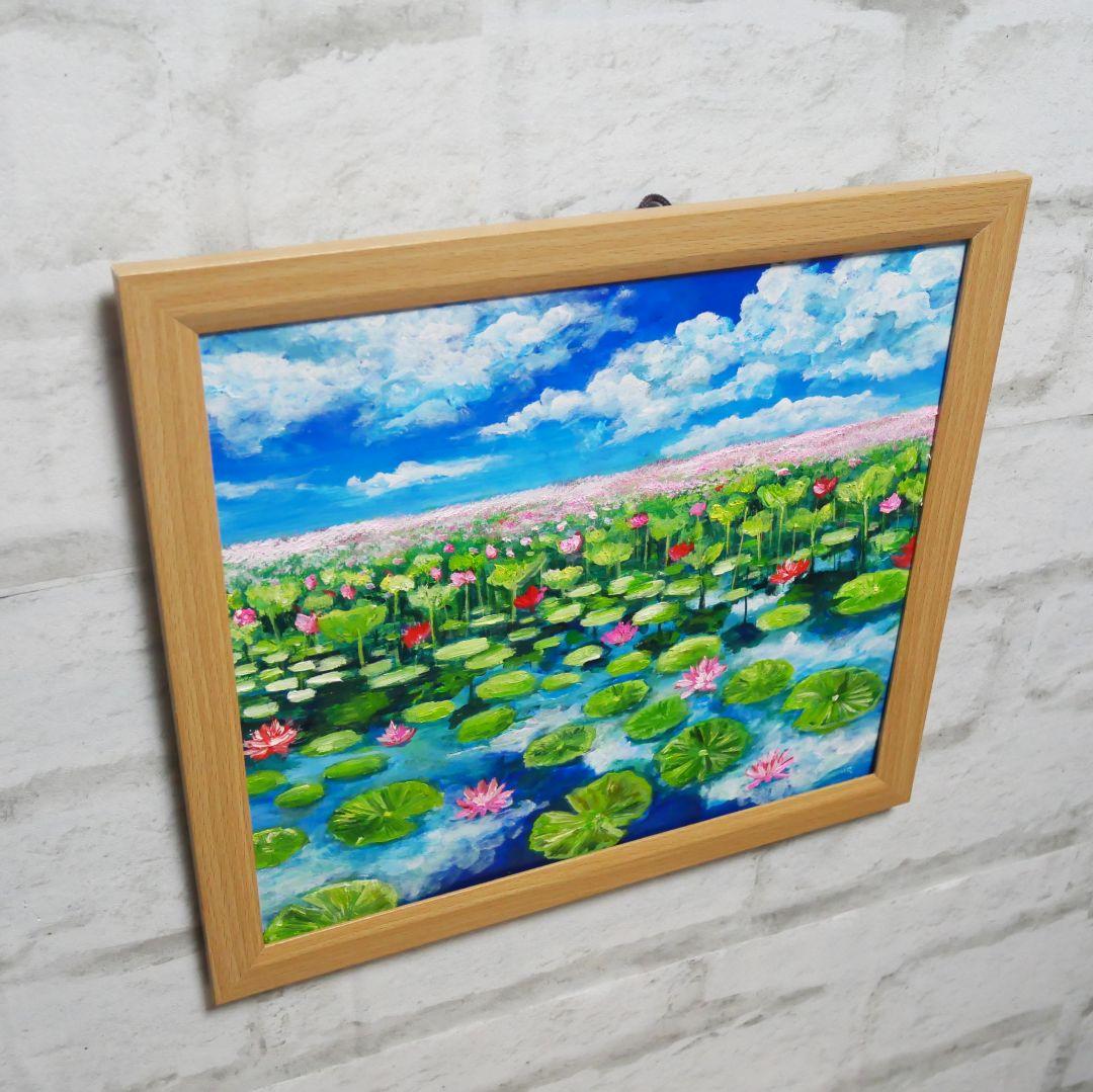 油絵 油彩 油彩画 絵 絵画 【水面映る蓮】