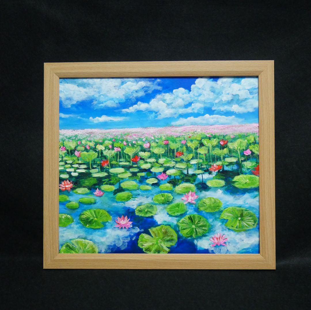 油絵 油彩 油彩画 絵 絵画 【水面映る蓮】