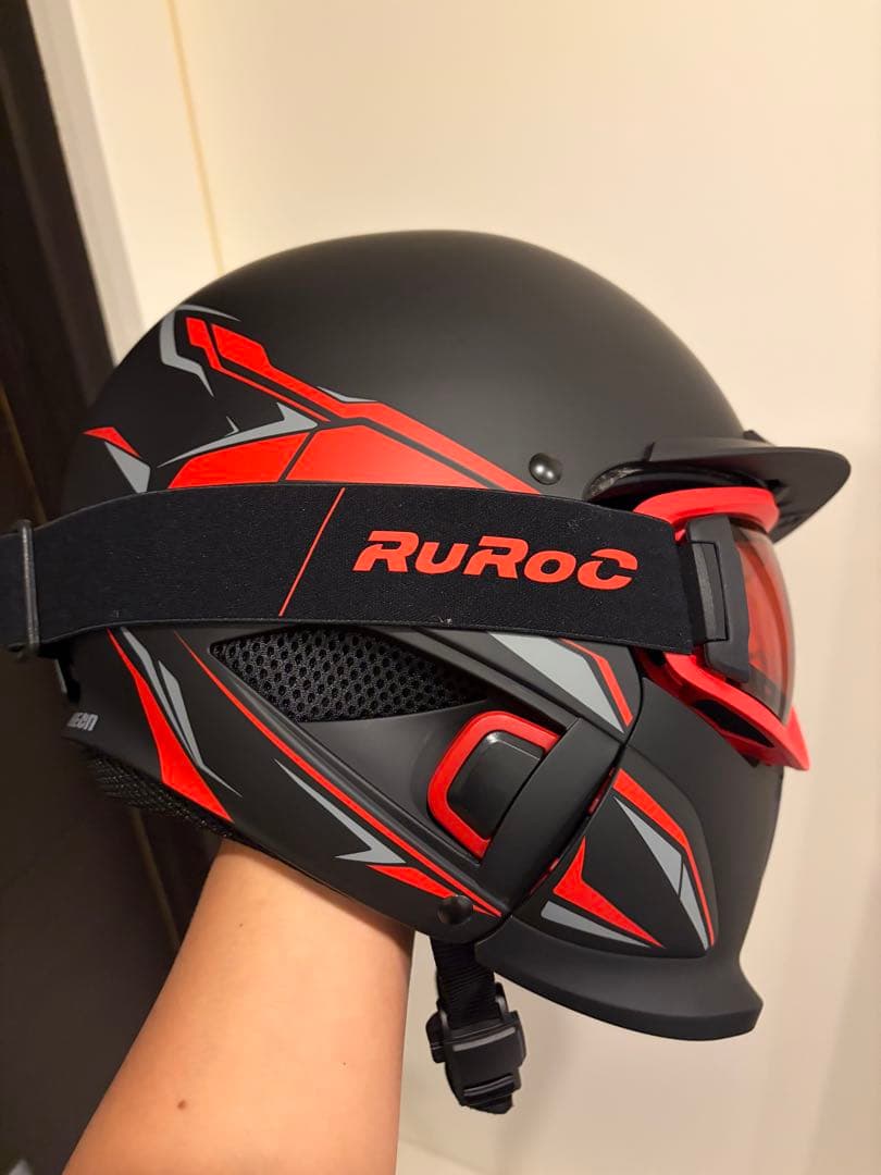 RuRoC ブラック/レッド ヘルメット 替えのシールド、収納袋付き