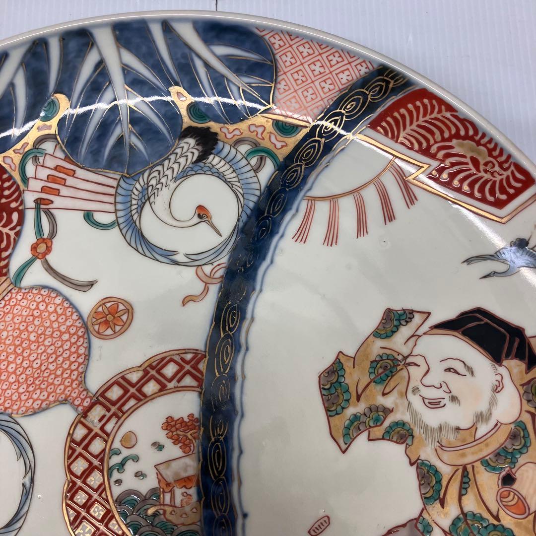 【銘・角冨】古伊万里 金彩色絵 恵比寿・鶴文様 大皿 飾り皿 骨董品 尺一
