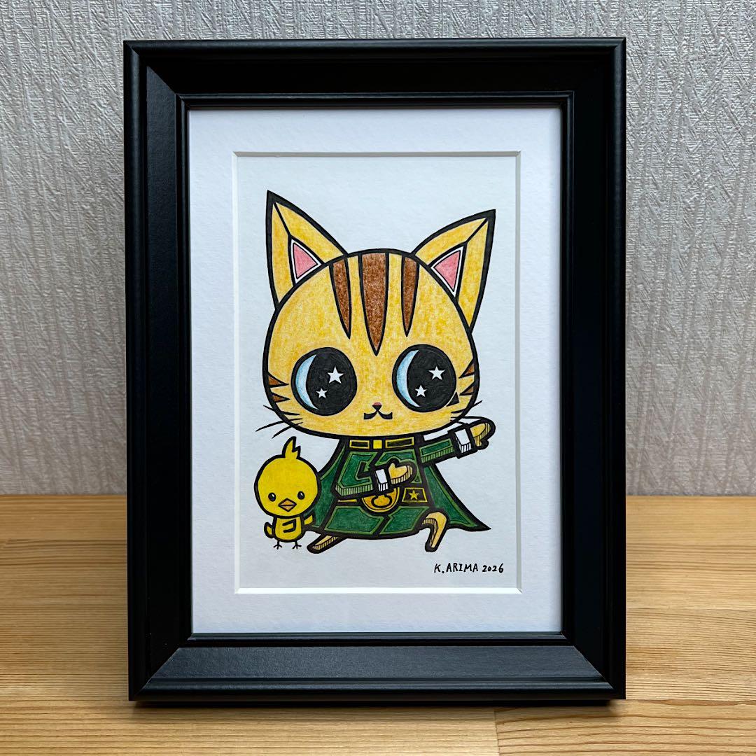 動物 原画 絵 手描き 癒し 猫 アート 一点物 額縁付『グリーン』