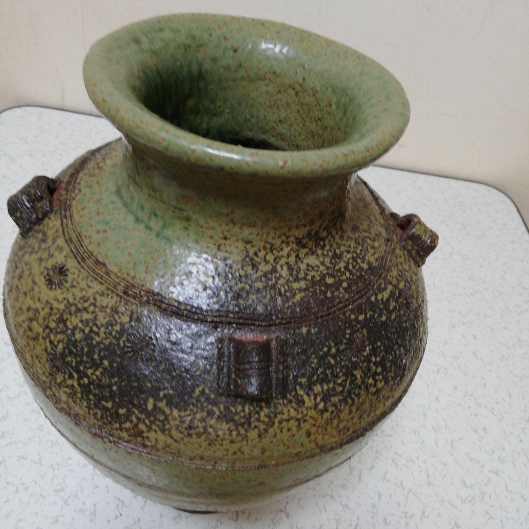 信楽焼　花器　灰釉印花文四耳壺